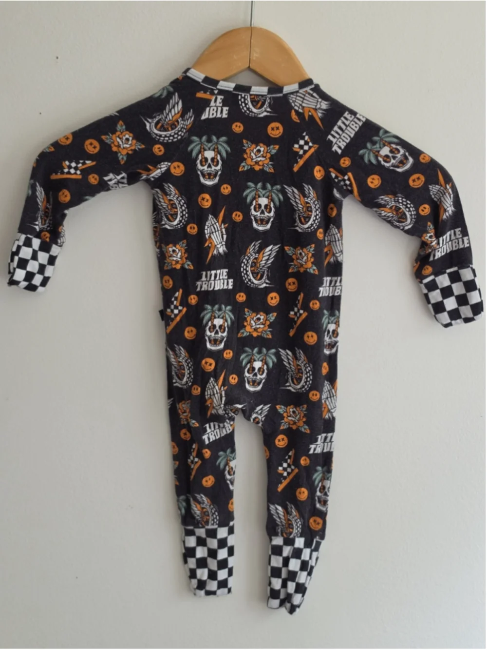 Little Trouble Skull Checkered Bamboo Viscose Zipper Pajamas Romper Sleeper